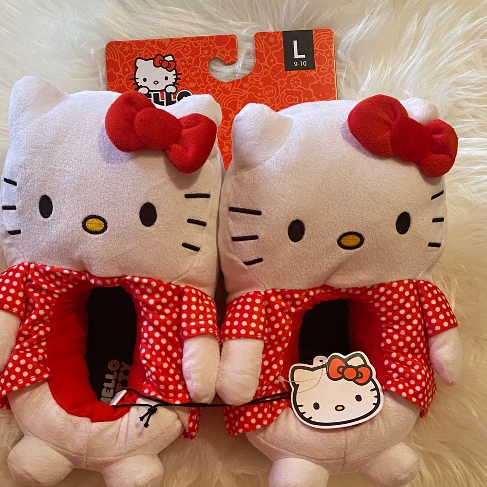 Hello Kitty Plush Slippers with Red and White Polka Dots